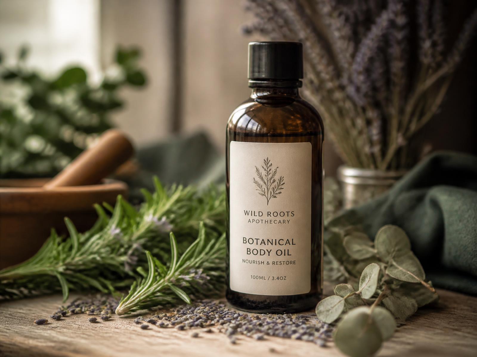 Amber bottle of botanical body oil surrounded by fresh herbs and dried lavender